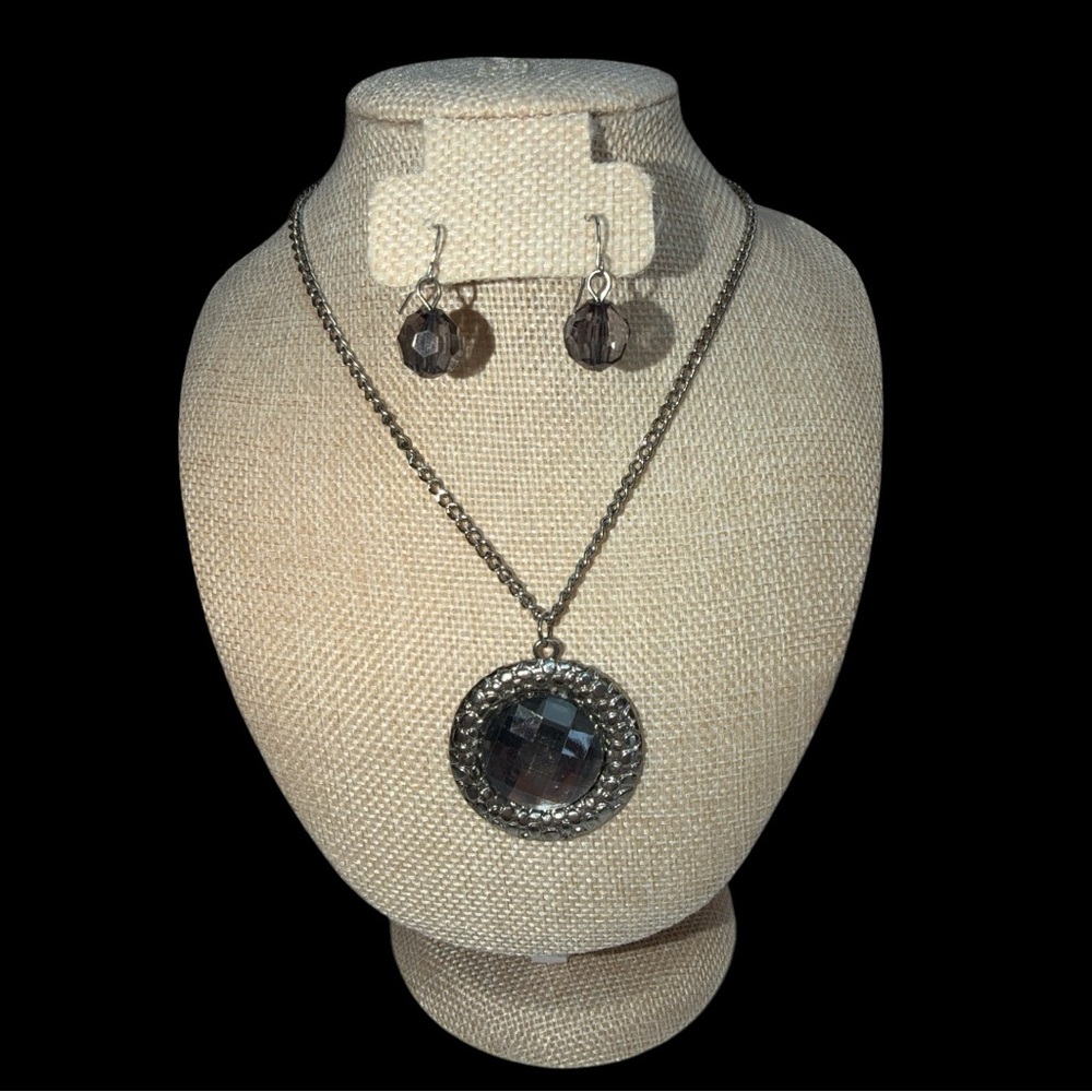 Vintage Faceted Smoky Crystal Pendant Necklace and Earrings - Black by Roman 20”